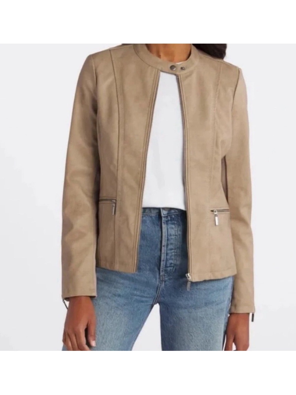 Mo-ka by Santa Fe Apparel Women’s Taupe Collarless Faux-Leather Zip Jacket large
